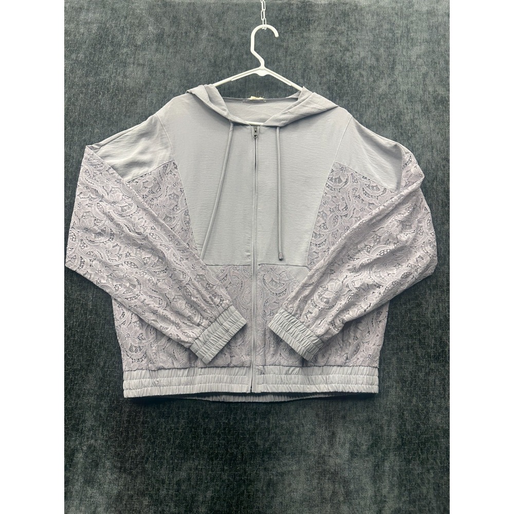 Entro Hoodie Womens Large Gray Floral Lace Detail Elastic Hem Full Zip‎ Modern